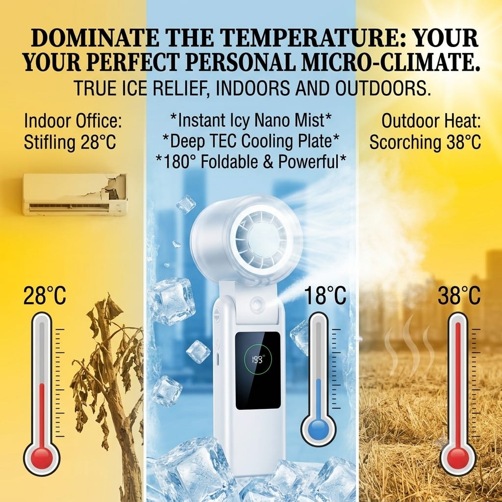 Portable mist fan, handheld cooling fan, TEC semiconductor fan, 6000mAh battery fan, foldable neck fan, personal air cooler.