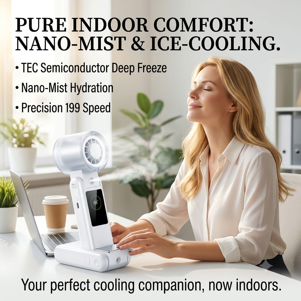 Portable mist fan, handheld cooling fan, TEC semiconductor fan, 6000mAh battery fan, foldable neck fan, personal air cooler.