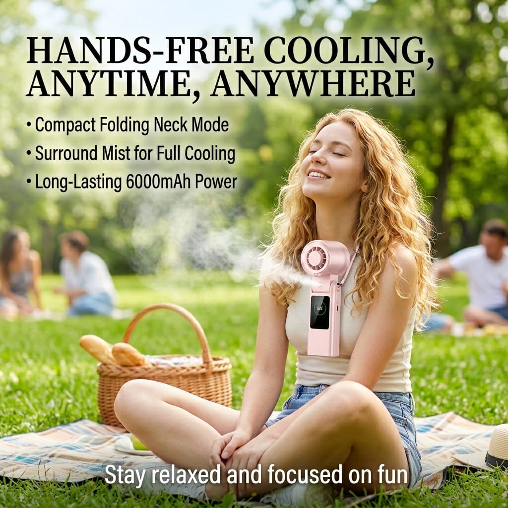 Portable mist fan, handheld cooling fan, TEC semiconductor fan, 6000mAh battery fan, foldable neck fan, personal air cooler.