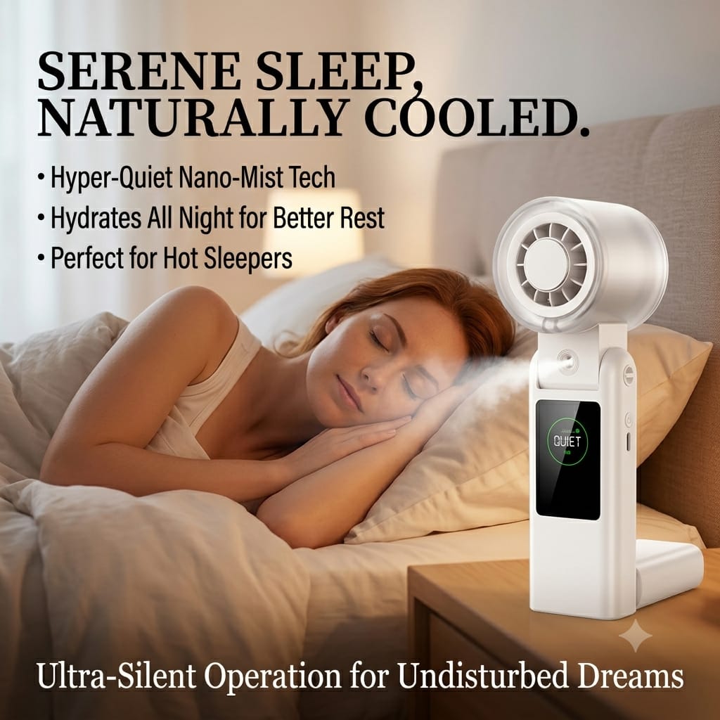 Portable mist fan, handheld cooling fan, TEC semiconductor fan, 6000mAh battery fan, foldable neck fan, personal air cooler.