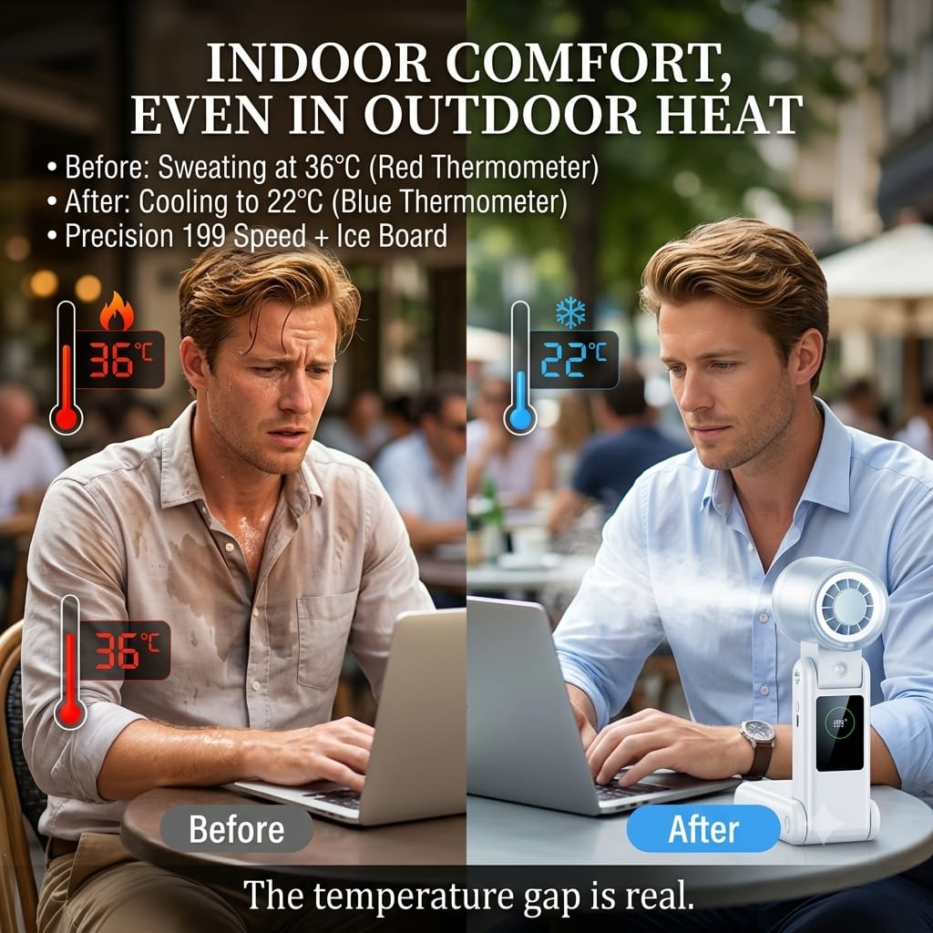 Portable mist fan, handheld cooling fan, TEC semiconductor fan, 6000mAh battery fan, foldable neck fan, personal air cooler.