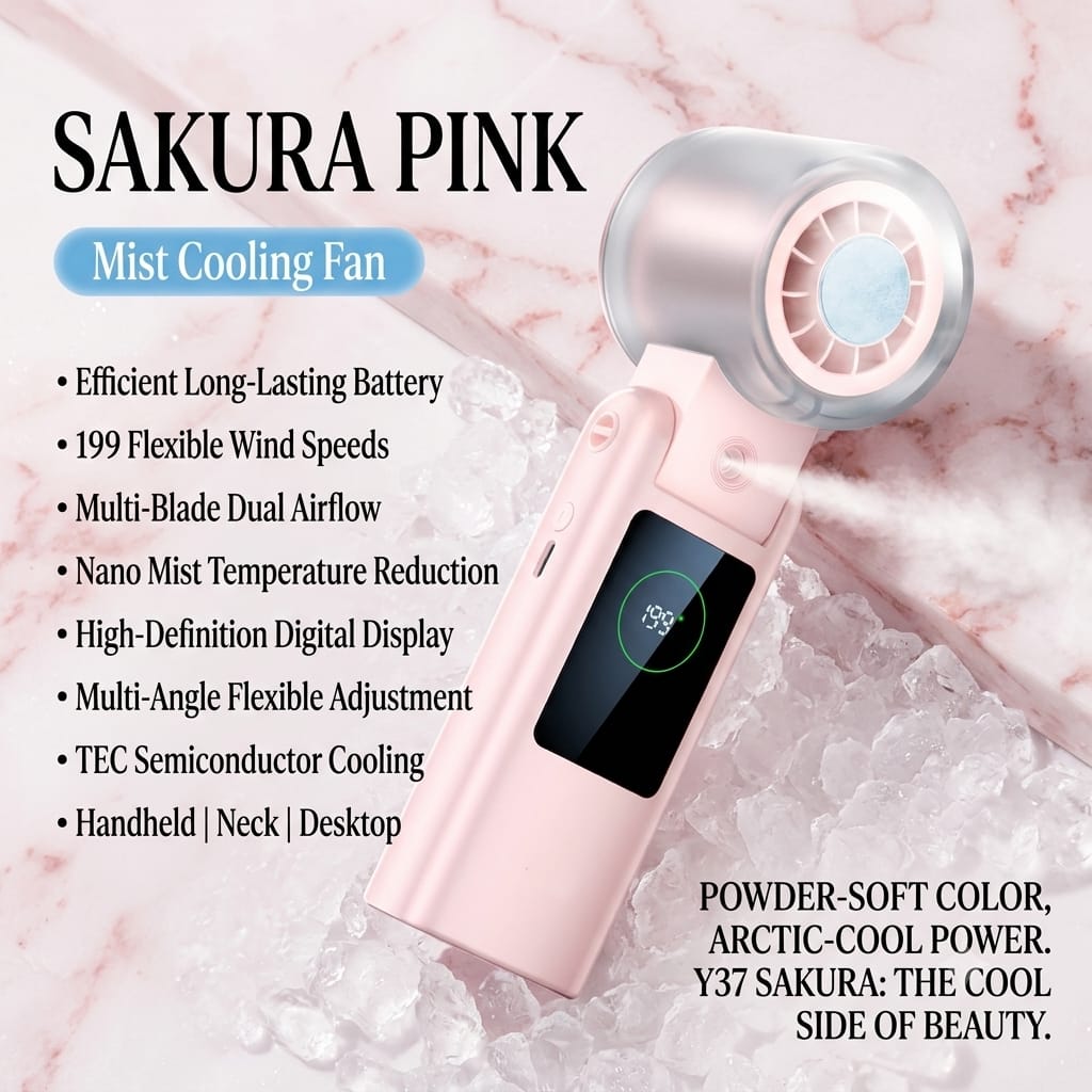 Y37 Pro Portable Mist Fan TEC Semiconductor Cooling Handheld Neck Fan Sakura Pink