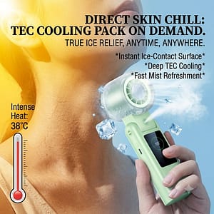 Portable mist fan, handheld cooling fan, TEC semiconductor fan, 6000mAh battery fan, foldable neck fan, personal air cooler.